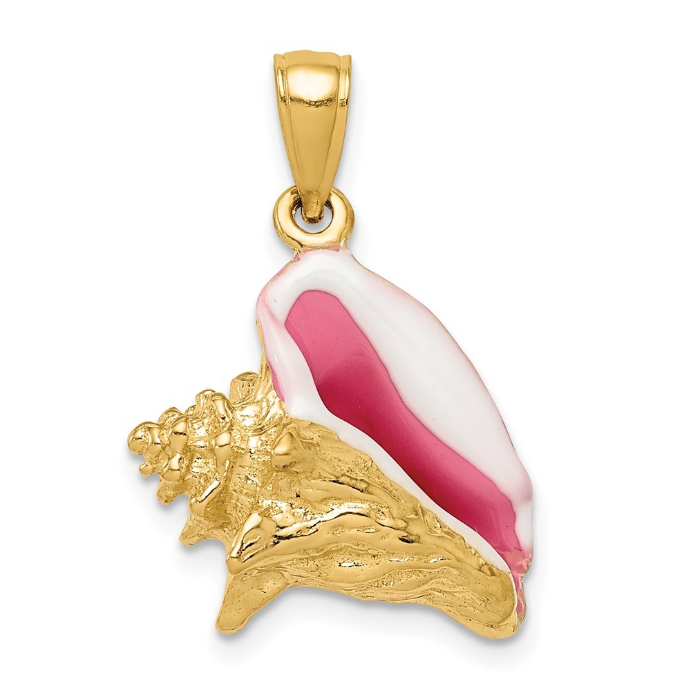 10k Yellow Gold 3-D Pink & White Enameled Conch Shell Necklace Charm Pendant